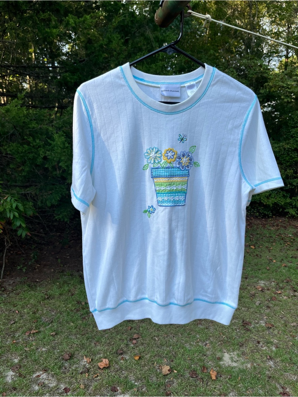 Alfred Dunner White Short-Sleeve Tee with Blue Trim & Floral Pot Embroidery